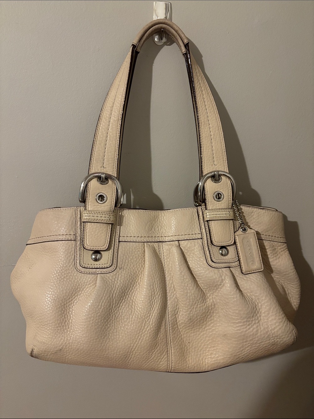 Coach Cream Pebbled Leather Shoulder Bag with Silver Hardware